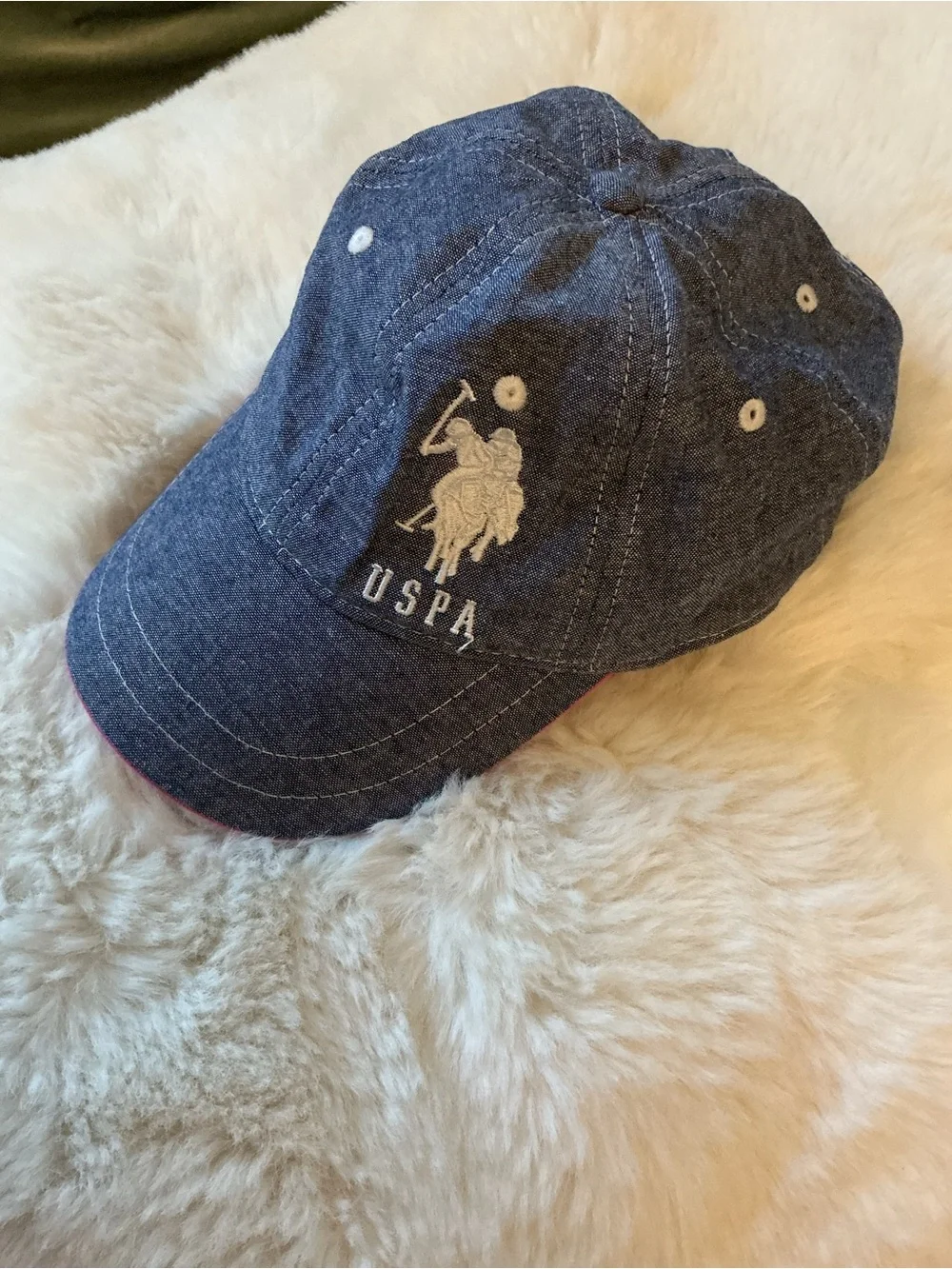 U.S. Polo Assn. Chambray Blue Baseball Cap Pink Trim Adjustable Cotton Hat EUC